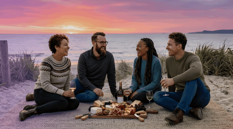 A group of friends enjoying a sunset picnic on an Australian beach during a long spring evening.