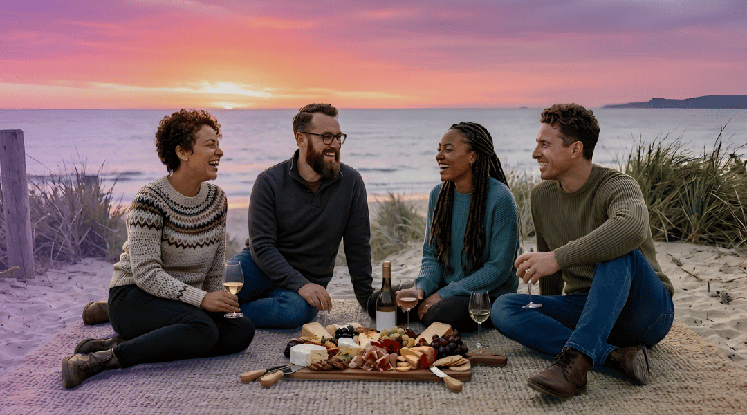 A group of friends enjoying a sunset picnic on an Australian beach during a long spring evening.