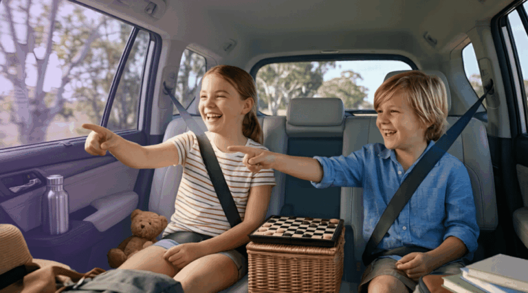 Two happy children laughing in the back seat of a family SUV while playing a road trip card game.