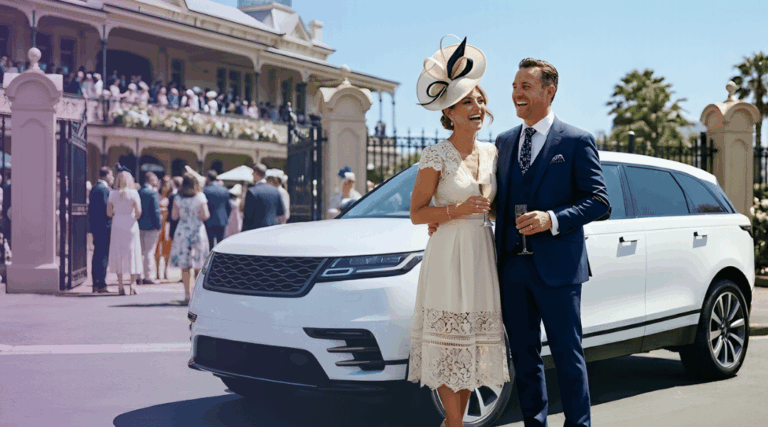 A stylish couple in race-day attire standing next to a white luxury SUV at the Melbourne Spring Racing Carnival.