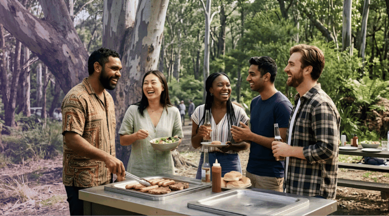 A group of friends laughing and cooking on a public BBQ in a sunny Australian national park.