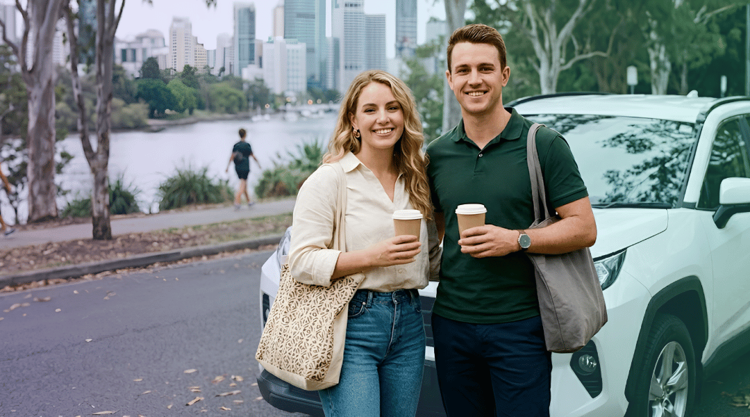 A smiling couple holding tote bags and coffee next to their white rental SUV on a leafy riverside street in Brisbane.
