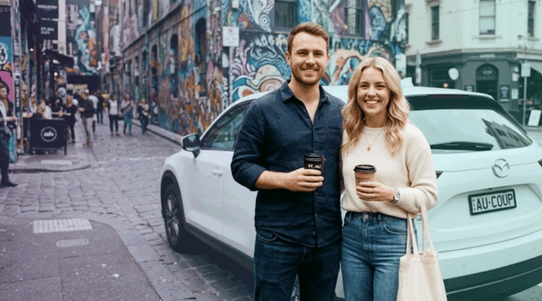 A smiling couple holding takeaway coffees next to their white rental SUV near a vibrant Melbourne lane-way.