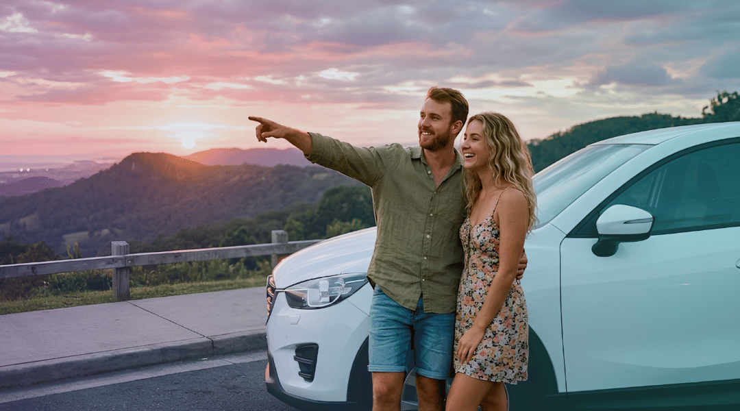 A smiling couple enjoying a quiet sunset picnic next to their white rental SUV in the Gold Coast hinterland.