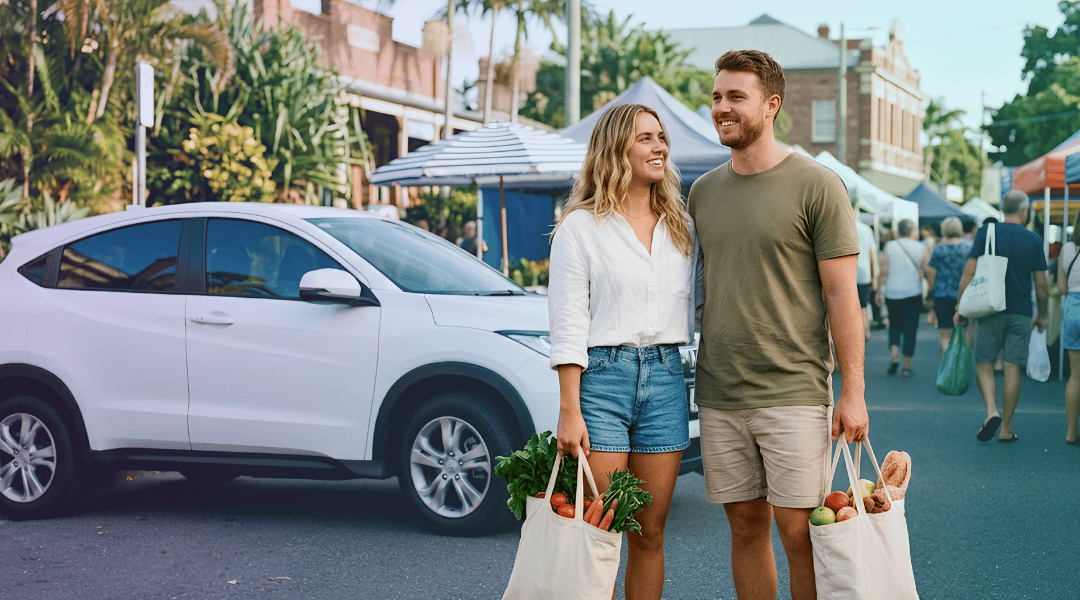 A smiling couple holding tote bags of fresh produce next to their white rental SUV outside a Brisbane weekend market.