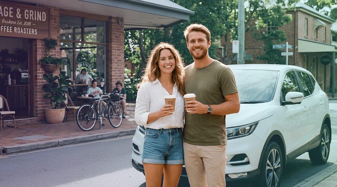 A smiling couple holding takeaway coffees next to their white rental SUV outside a Brisbane cafe.