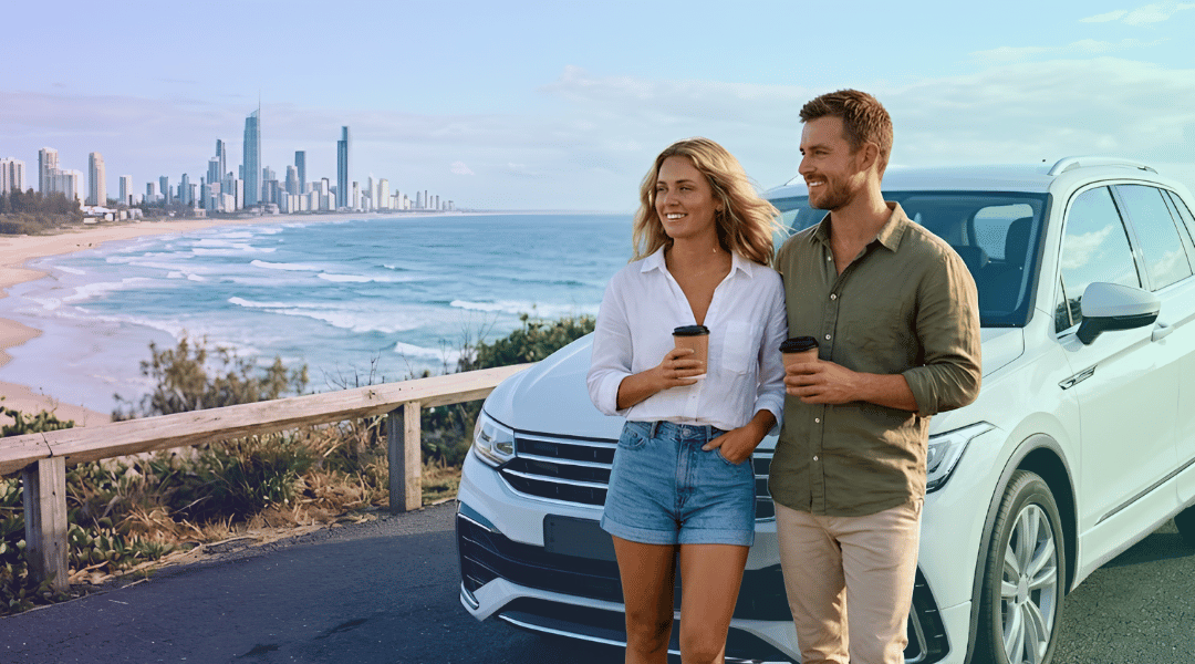 A smiling couple holding takeaway coffees next to their white rental SUV after a quiet morning beach walk on the Gold Coast.