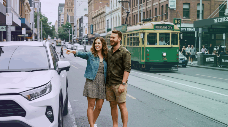 A smiling couple standing next to their white rental SUV on a sealed Melbourne street, confident about sharing the road with passing trams.