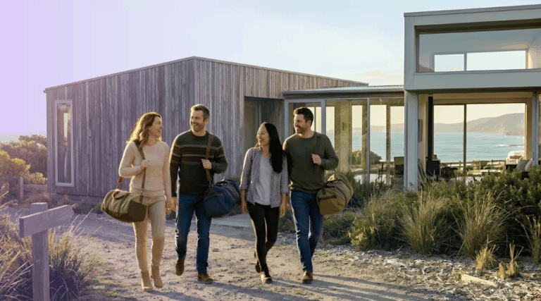 A group of friends carrying weekend bags as they arrive at a coastal beach house for a spontaneous Labour Day getaway.