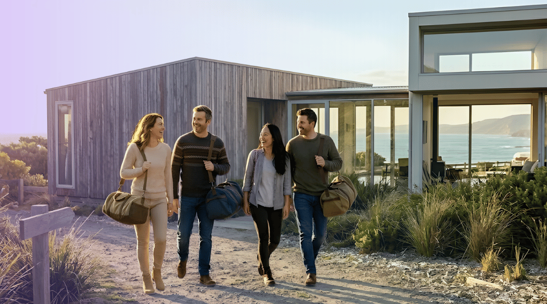 A group of friends carrying weekend bags as they arrive at a coastal beach house for a spontaneous Labour Day getaway.