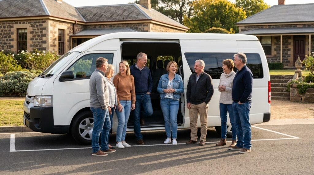 A group of friends chatting beside a white fully automatic rental minibus parked on a sealed driveway.
