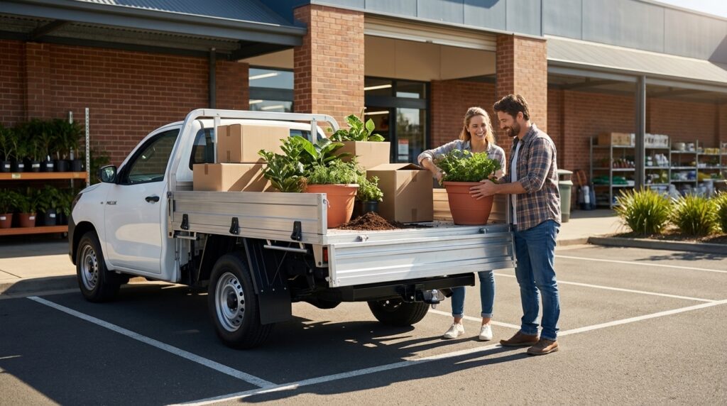 A couple loading supplies into the tray of a white fully automatic rental ute parked in a sealed hardware store car park.